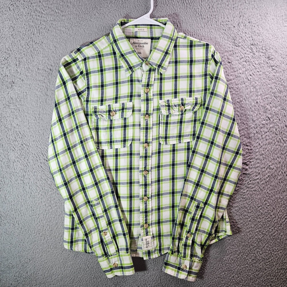 Abercrombie & Fitch Shirt Men XXL Muscle Button Up Long Sleeve Green Blue Plaid